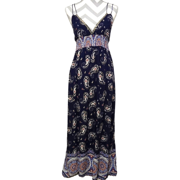 Ganji LA Blue Boho Maxi Dress with Paisley Print and Spaghetti Straps Size Large - Picture 2 of 11